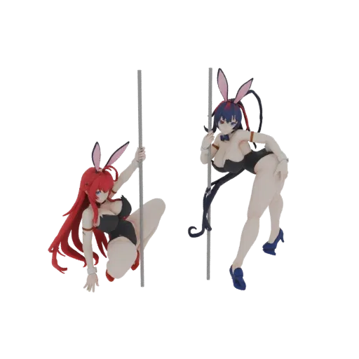 Modèle 3D de deux danseuses de pole bunny girl inspirées d'anime dans des poses dynamiques autour de poteaux de strip-tease, l'une aux cheveux rouges, l'autre aux…