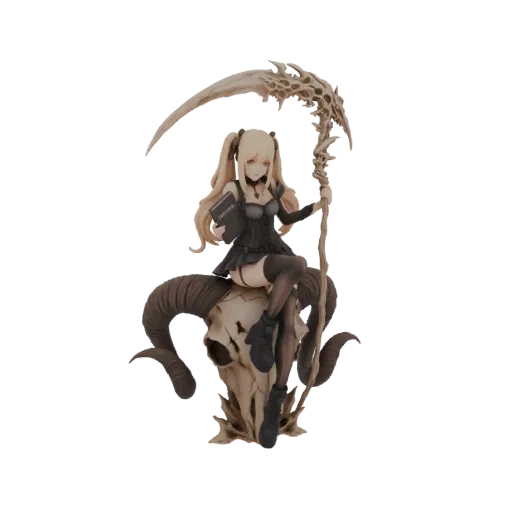 3D model of a gothic reaper girl with blonde pigtails, wearing a black dress, sitting on a ram skull and holding a scythe.