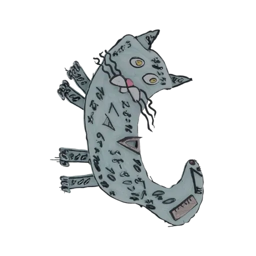 3D model of a light blue whimsical cat covered in handwritten math equations and symbols, with large yellow eyes and a playfu
