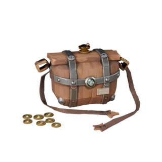Adventurer Coin Pouch Low Poly 3D model, game viewport three-quarter view, showing aged wood, clear pickup silhouette.