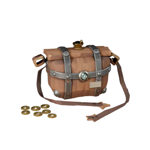 Adventurer Coin Pouch Low Poly 3D model, game viewport three-quarter view, showing aged wood, clear pickup silhouette.