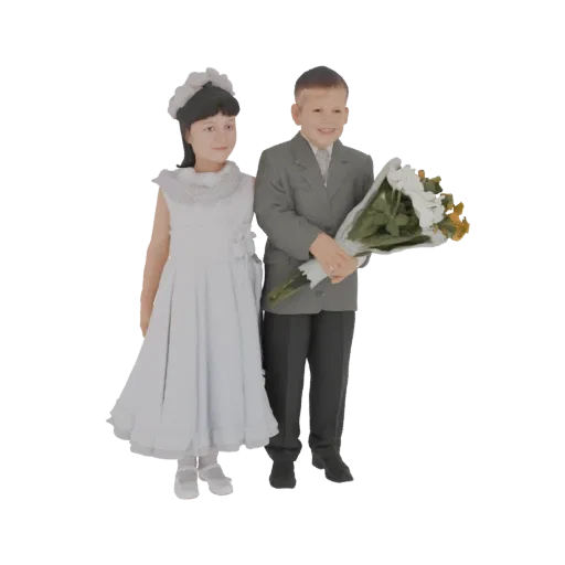 3D model of a smiling boy in a grey suit and a girl in a white dress holding a bouquet of flowers.