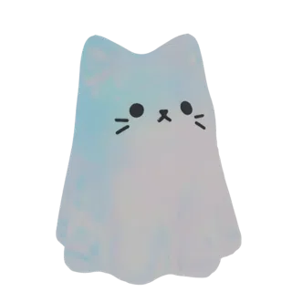 A 3D render of a cute, translucent cat character wearing a ghost costume, with simple black facial features.