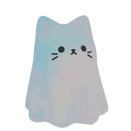 Ein 3D-Render einer niedlichen, durchscheinenden Katzenfigur in einem Geisterkostüm mit einfachen schwarzen Gesichtszügen.