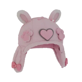 3D-Modell einer rosa Kinder-Hasenmütze, verziert mit einem aufwendigen Herz und Pfoten