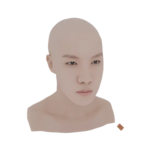 Rendering 3D di testa e busto di uomo calvo, con espressione neutra e texture realistica della pelle.