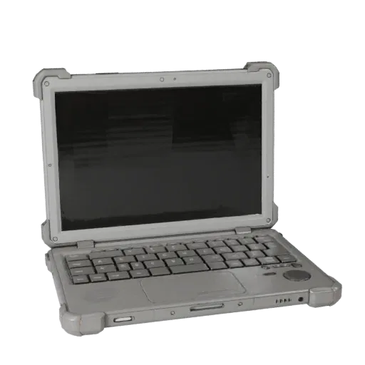 Rugged Tablet Computer Realistic 3D model, three-quarter studio render, showing brushed metal, open lid angle.