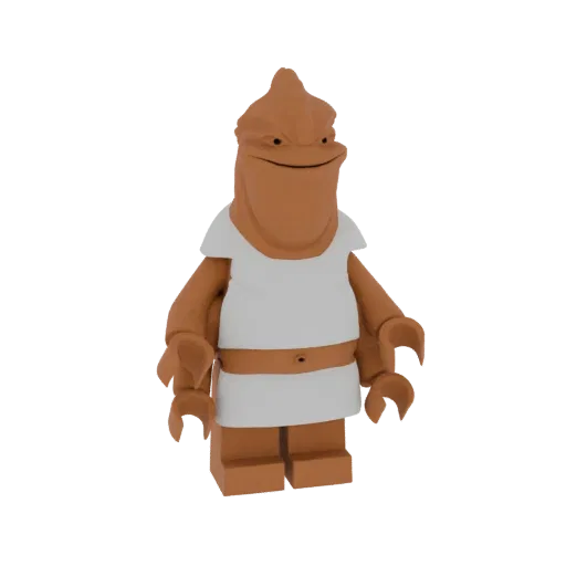 3D model of an orange alien character in a Lego minifigure style, wearing a white tunic and smiling.