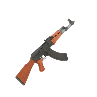 Modello 3D di un fucile d'assalto AK-47 con calcio e impugnatura in legno, su sfondo bianco.
