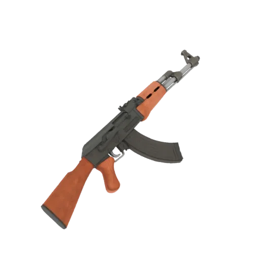 3D-Modell eines AK-47 Sturmgewehrs mit Holzschaft und Handschutz vor weißem Hintergrund.