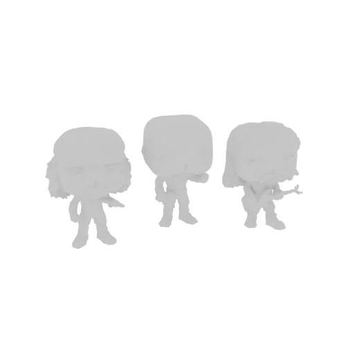 3D model of three stylized rock band figures in dynamic poses, presented in a neutral gray tone.