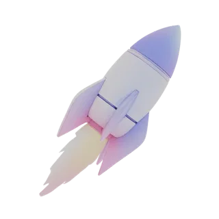 3D model of a sleek, iridescent rocket ship with a colorful flame trail, viewed from a side angle.