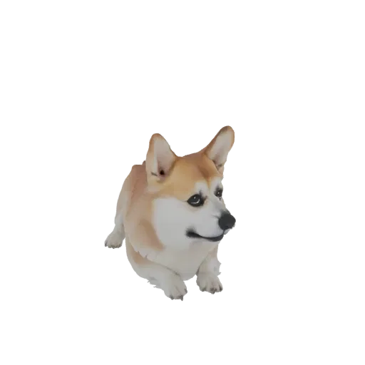 A 3D model of a Corgi dog lying down, with its head turned slightly to the side and ears perked.