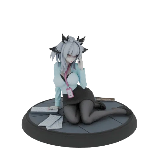 3D model of a fox girl character wearing office clothes, sitting on a platform with papers.