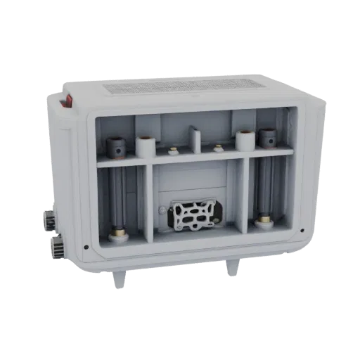 3D model of LTO 6S enclosure with balancer compartment, front view, white color, with visible internal elements and ventilati