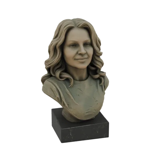 3D model of a woman's bust sculpture with wavy hair, wearing a draped garment, and mounted on a black marble base.