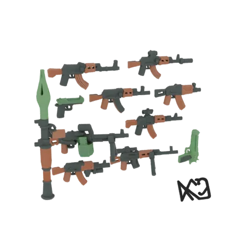 Eine Sammlung stilisierter Spielzeugwaffen, darunter Gewehre, eine Pistole und ein Raketenwerfer, in 3D gerendert.