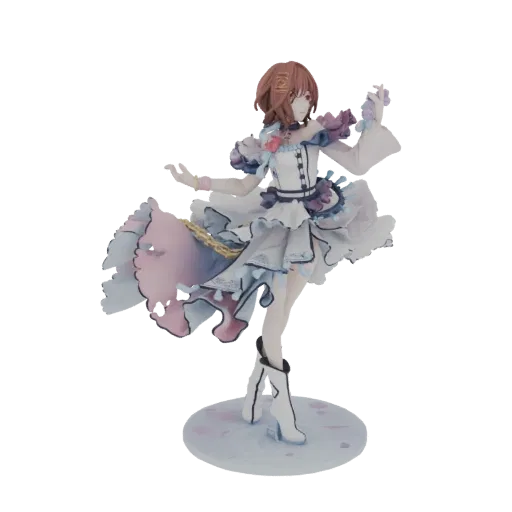 3D model of an elegant anime girl with short brown hair, wearing a white and blue flowing dress and white boots, posed gracefully on a circular base.