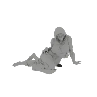 A 3D model of a hooded figure reclining on its side, with one hand resting on its leg and the other extended outwards.