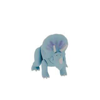 3D model of a blue clay Triceratops dinosaur toy with white horns and purple accents on its frill, viewed from the front.