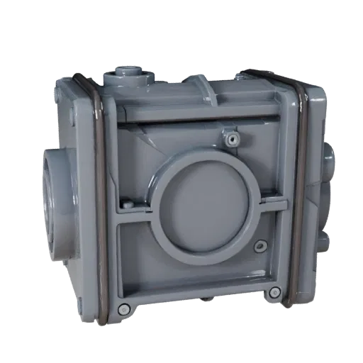Sealed Gearbox Housing Stylized 3D model, stylized isometric render, showing machined metal, precise part geometry.