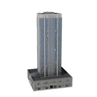 Luxury Skyscraper Tower realistic 3D model, three-quarter exterior view, showing commercial office building materials and arc