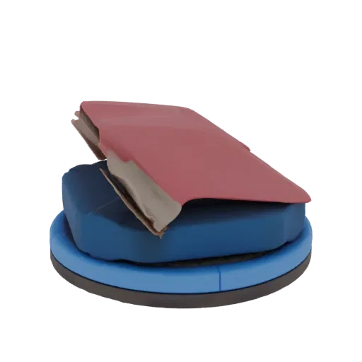 A 3D render of a layered foam cushion with a blue base and a red folded cover, set against a black background.