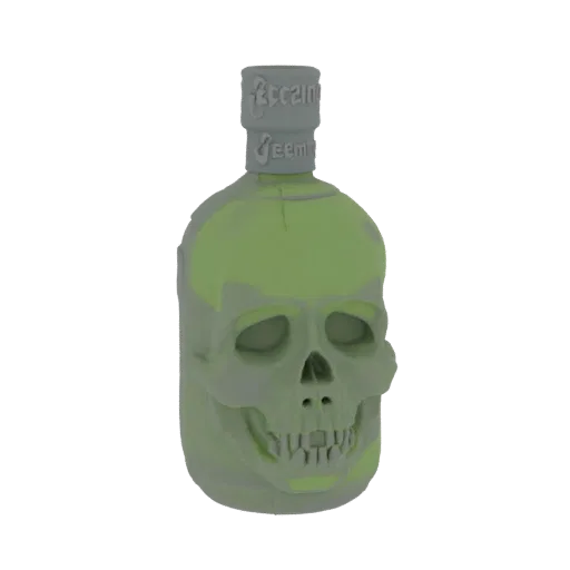 3D-Modell-Rendering einer grün getönten, totenkopf-förmigen Flasche mit geprägtem Text auf dem Verschluss, vor weißem Hinterg