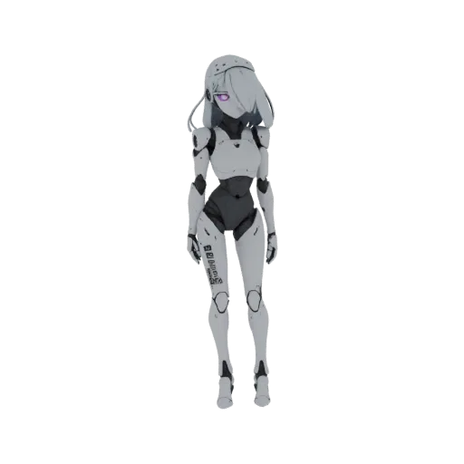 Modelo 3D de una chica robot anime futurista con armadura blanca, detalles gris oscuro y ojos morados brillantes, de pie sobr