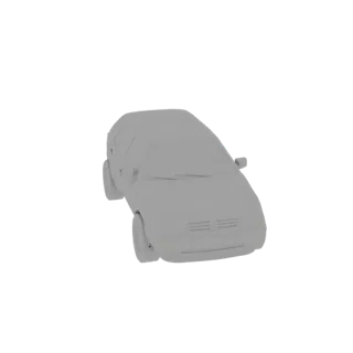 Un modelo 3D de un coche hatchback gris, visto desde un ángulo frontal derecho ligeramente elevado sobre un fondo blanco.