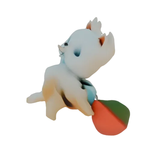 Rendu 3D d'une créature bleue mignonne et trapue avec de grands yeux sombres, tenant une balle rouge et verte.