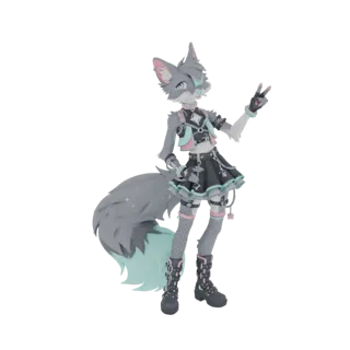 Modello 3D di una ragazza volpe cyberpunk con pelliccia grigia, indossa un abito nero e petrolio, calze a rete e stivali con