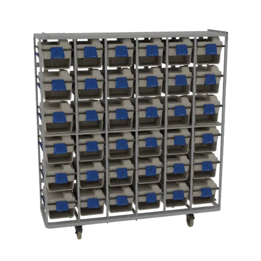 3D model of a gray modular storage rack filled with many light gray bins, each topped with a blue lid.