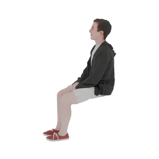 3D-Modell eines jungen Mannes mit kurzen braunen Haaren, trägt dunkle Kapuzenjacke, weiße Shorts und rote Turnschuhe, sitzt u