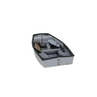 3D model of a white classic rowboat with two wooden seats, viewed from a slightly elevated angle.