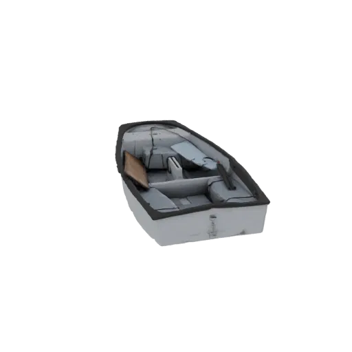 3D-Modell eines weißen klassischen Ruderboots mit zwei Holzsitz, aus leicht erhöhter Perspektive betrachtet.