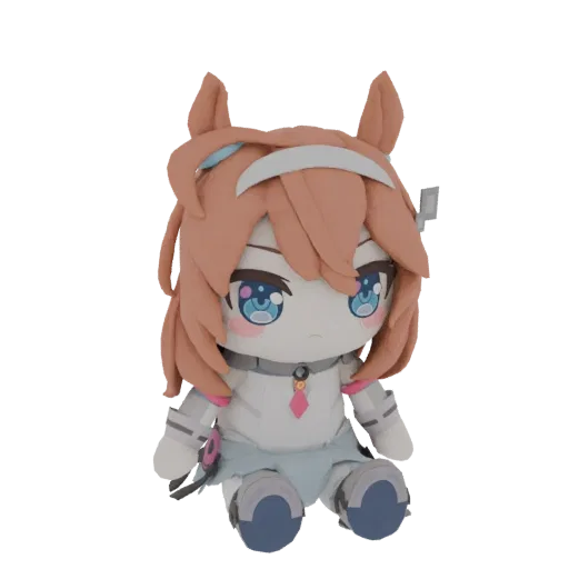 Modèle 3D d'une adorable fille chibi anime peluche avec de grands yeux bleus et des cheveux bruns, assise.