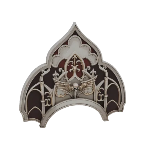 3D model of a gothic archway with a central skull and wings emblem, rendered in metallic and dark tones.