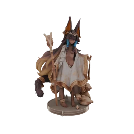 3D model of a female figure inspired by the Egyptian god Anubis, with jackal ears, draped robes, and holding a staff, set aga