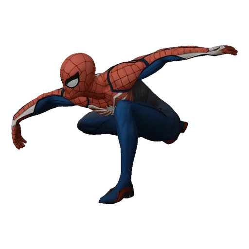 3D model of Spider-Man in a dynamic crouching pose, with red and blue suit and web pattern, against a black background.