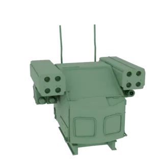 3D model of a modern missile launcher system with multiple missile pods on a tracked chassis, presented in a neutral green co