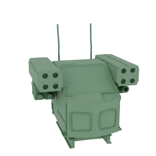3D model of a modern missile launcher system with multiple missile pods on a tracked chassis, presented in a neutral green co