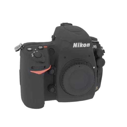 3D model of a black Nikon D700 DSLR camera, viewed from a three-quarter angle against a black background.