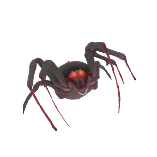 A detailed 3D model of a Redback Spider, showcasing its black body and bright red markings, posed dynamically.