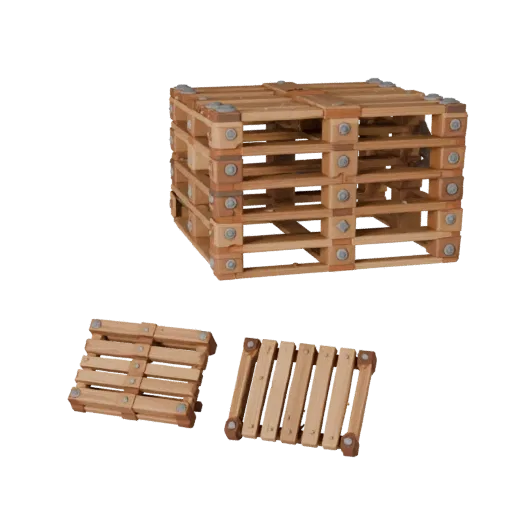Pirate Wooden Pallet Low Poly 3D model, game viewport three-quarter view, showing wood planks, stackable massing.