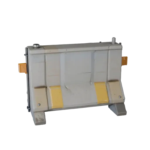 Modello 3D Viz Prodotto Barriera Stradale Robusta, render studio tre quarti, mostra cemento e dettagli forma.