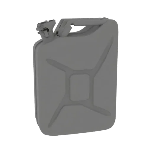 Ein 3D-Rendering eines klassischen grauen Benzinkanisters mit robustem Griff und Ausgießer, präsentiert auf weißem Hintergrun