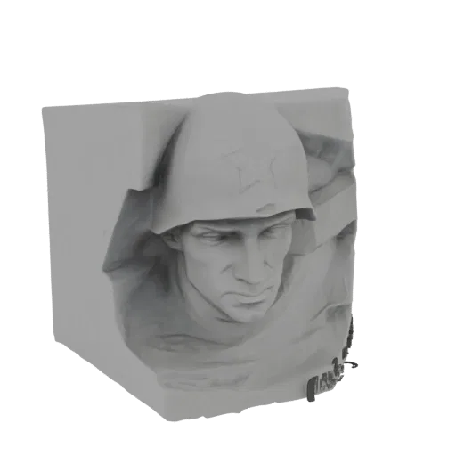 3D model render of a grey bust of a Soviet soldier wearing a helmet with a red star, emerging from a block.