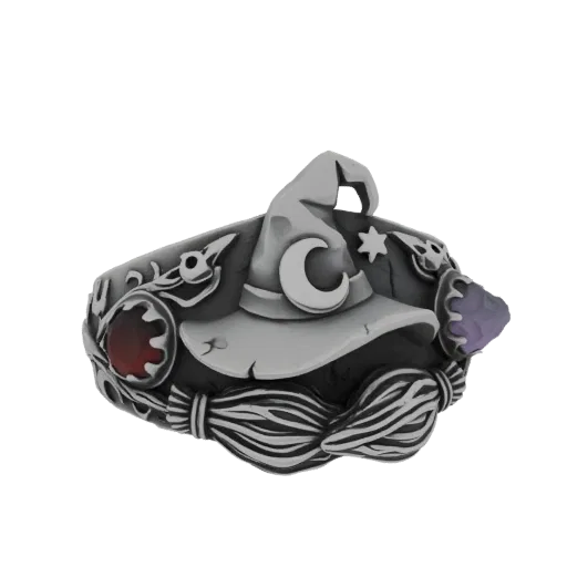 3D model of a gothic witch hat ring with a broom, crescent moon, star, red gemstone, and purple crystal accents.