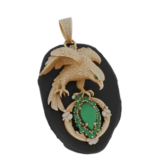 3D model of a gold eagle pendant with a large green emerald and diamond accents, perched on a dark oval base.